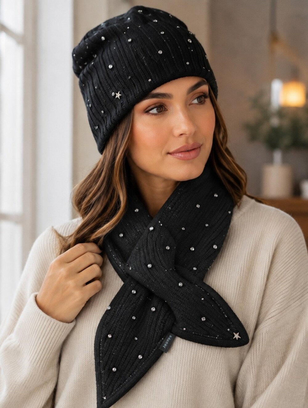 Jocelyn Black Knit Wool Blend Beanie And Scart with Hand Sewn Crystals NWT $275